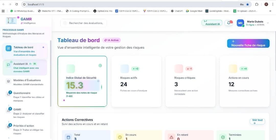 Interface de la plateforme GAMRdigitale montrant le tableau de bord de gestion des risques